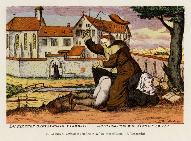 Moine disciplinant une nonne dans le jardin du monastère - (after) German School
