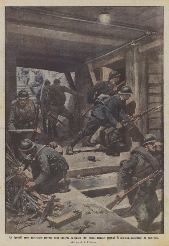 Les ignobles armes autrichiennes trouvées dans les cavernes de Quota 121, massues ferrées, poignards en tôle - Achille Beltrame
