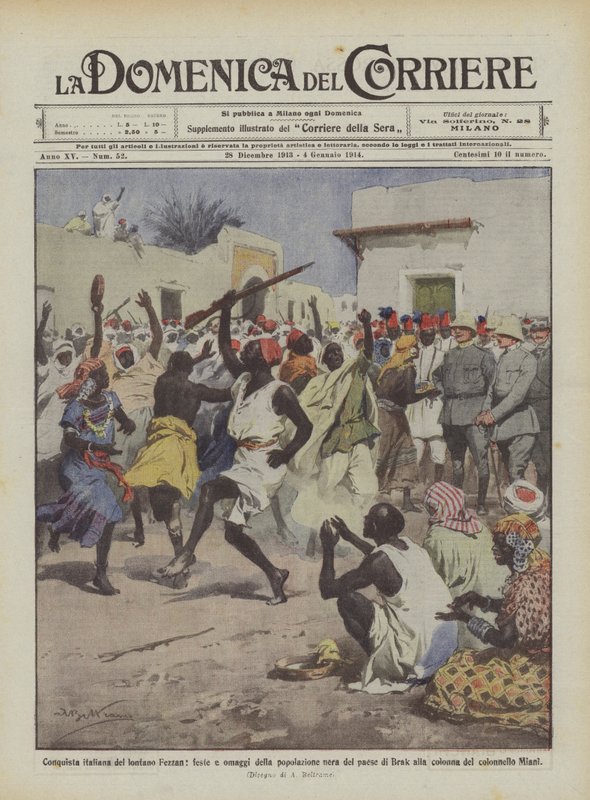 Conquête italienne du lointain Fezzan, fêtes et hommages de la population noire du village de Brak - Achille Beltrame