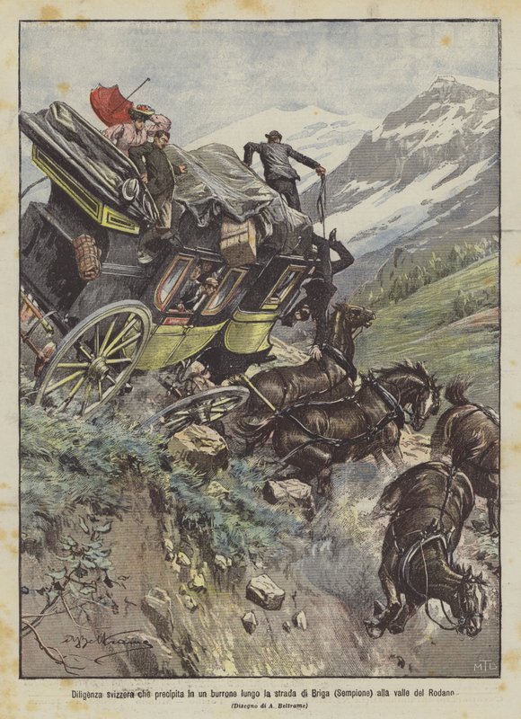 Diligence suisse qui tombe dans un ravin le long de la route de Brigue (Simplon) à la vallée du Rhône - Achille Beltrame