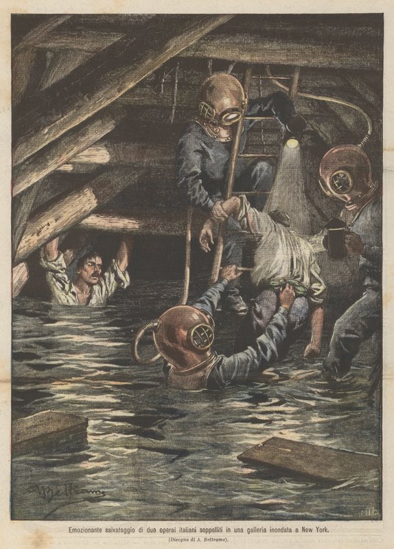 Sauvetage émouvant de deux ouvriers italiens enterrés dans un tunnel inondé à New York - Achille Beltrame