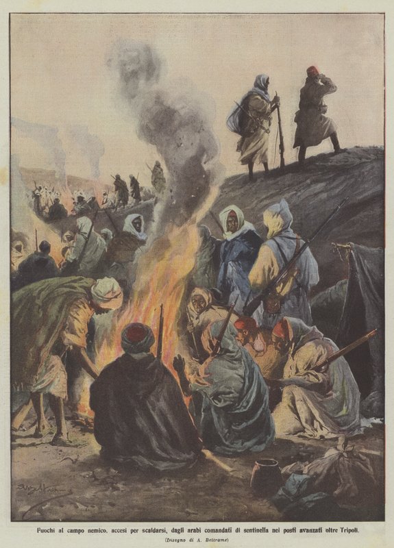 Feux au camp ennemi, allumés pour se réchauffer, par les Arabes en sentinelle dans les postes avancés au-delà de Tripoli - Achille Beltrame
