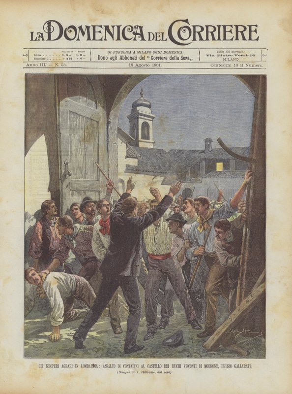 Les grèves agricoles en Lombardie, assaut des paysans au château des ducs Visconti de Modrone, près de Gallarate - Achille Beltrame