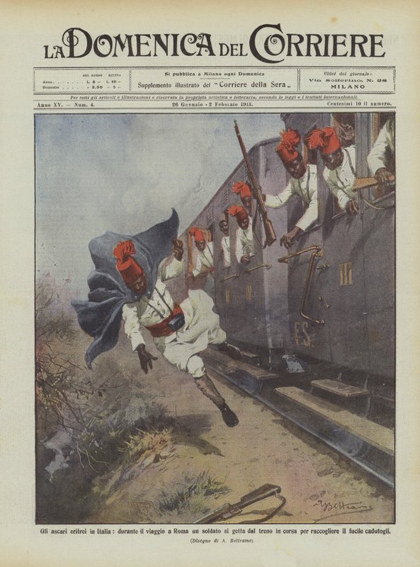 Les ascari érythréens en Italie, pendant le voyage à Rome, un soldat se jette du train en marche - Achille Beltrame