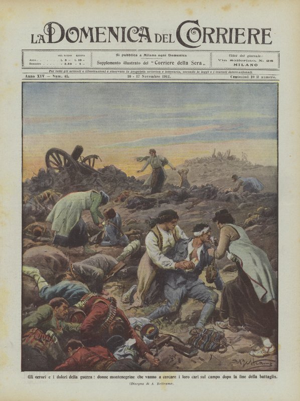 Les horreurs et les douleurs de la guerre, des femmes monténégrines cherchant leurs proches sur le champ... - Achille Beltrame