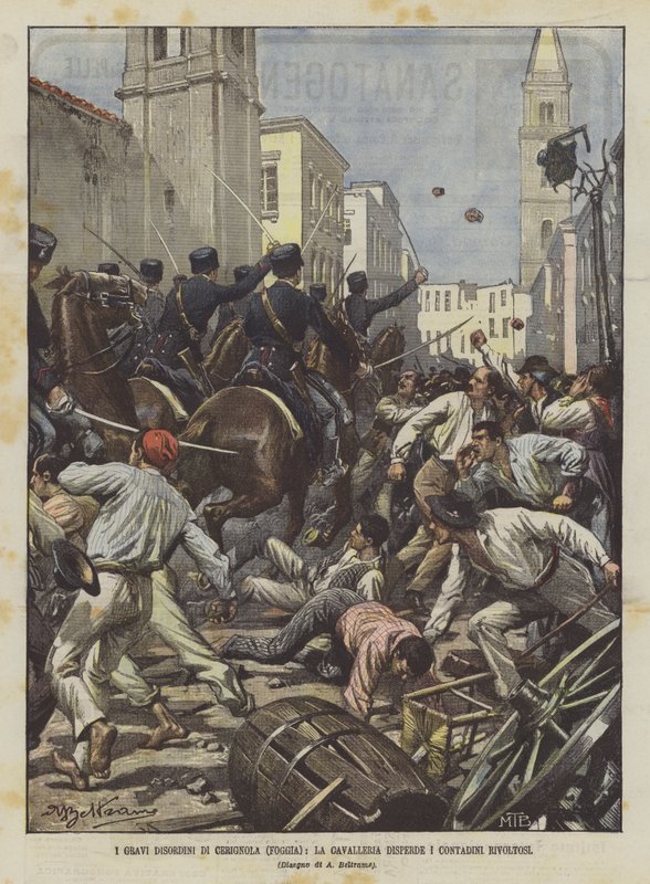 Les graves désordres de Cerignola (Foggia), la cavalerie disperse les paysans révoltés - Achille Beltrame
