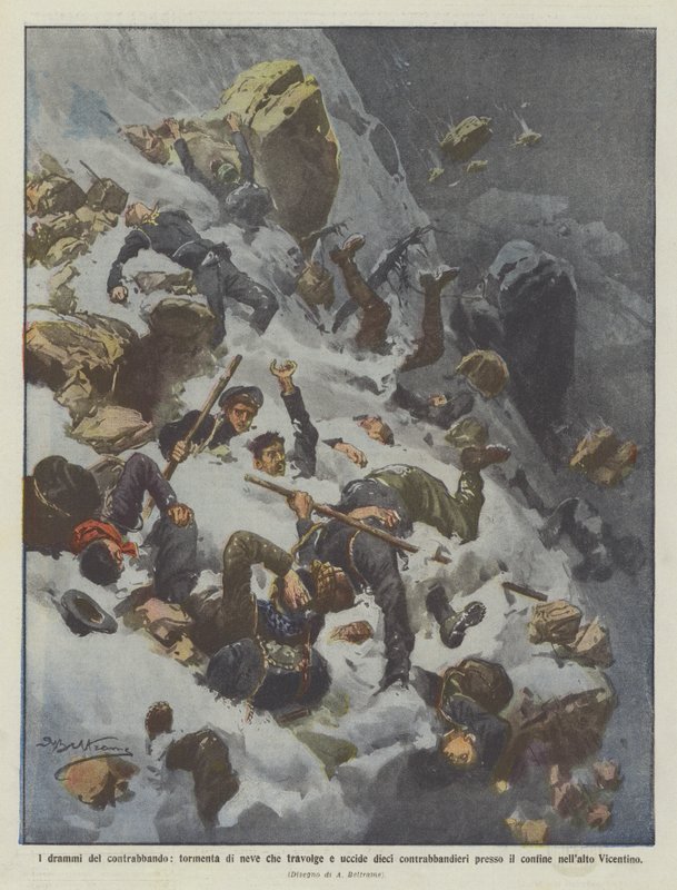 Les drames de la contrebande, tempête de neige qui emporte et tue dix contrebandiers près de ? - Achille Beltrame