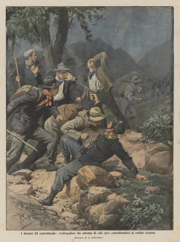 Les drames de la contrebande, un vice-brigadier affrontant seul neuf contrebandiers à la frontière suisse - Achille Beltrame