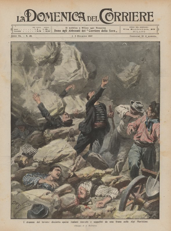 Les drames du travail, dix-huit ouvriers italiens emportés et ensevelis par un éboulement dans les Alpes-Maritimes - Achille Beltrame