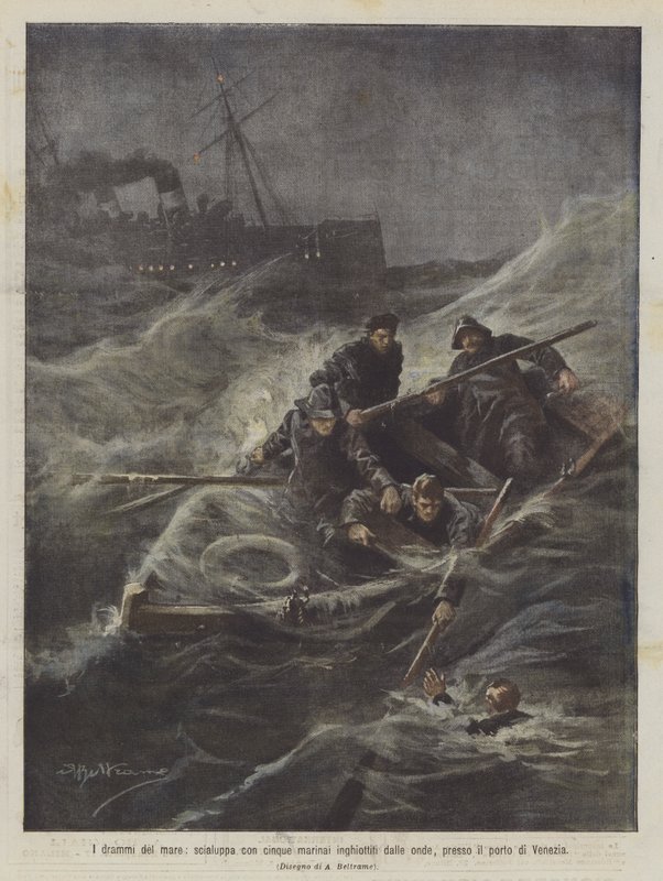 Les drames de la mer, chaloupe avec cinq marins engloutis par les vagues, près du port de Venise - Achille Beltrame