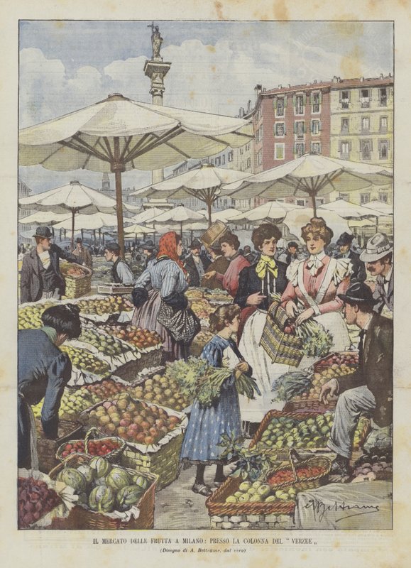 Le marché aux fruits à Milan, près de la colonne du Verzee - Achille Beltrame