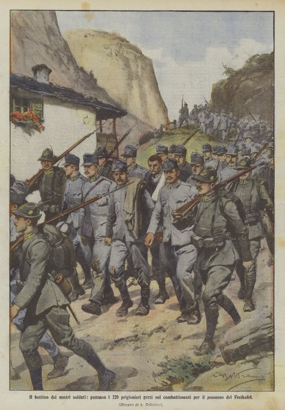 Le butin de nos soldats, 220 prisonniers capturés lors des combats pour la possession du Freikofel - Achille Beltrame