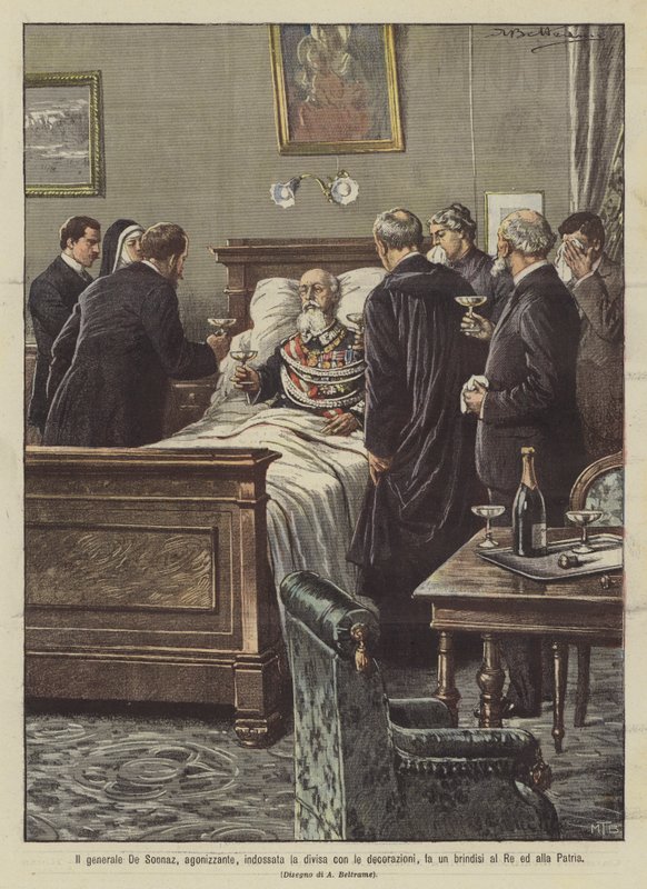 Le général De Sonnaz, agonisant, vêtu de son uniforme avec les décorations, porte un toast au Roi et à la Patrie - Achille Beltrame