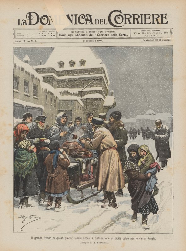 Le grand froid de ces jours-ci, feux allumés et distribution de boissons chaudes dans les rues en Russie - Achille Beltrame