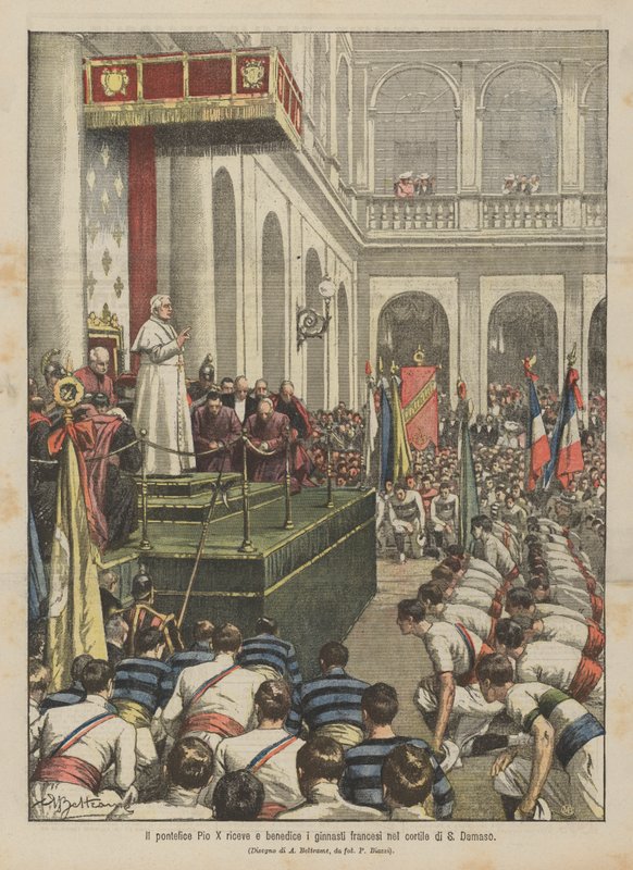 Le pape Pie X reçoit et bénit les gymnastes français dans la cour de Saint-Damase - Achille Beltrame