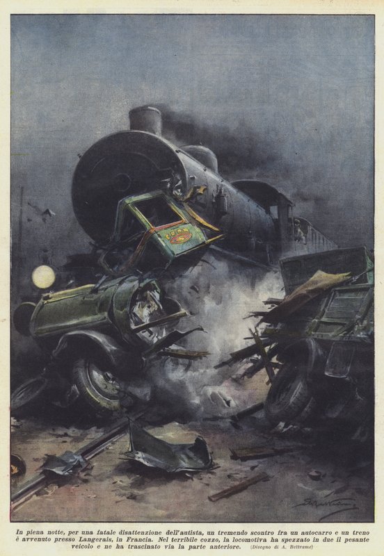 En pleine nuit, par une fatale inattention du chauffeur, une terrible collision entre un camion - Achille Beltrame
