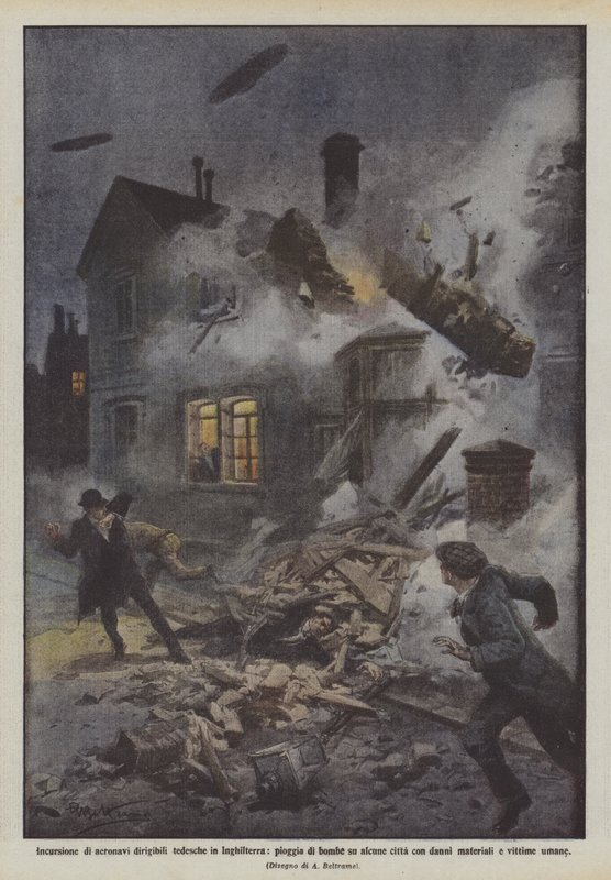 Incursion de dirigeables allemands en Angleterre, pluie de bombes sur certaines villes avec - Achille Beltrame