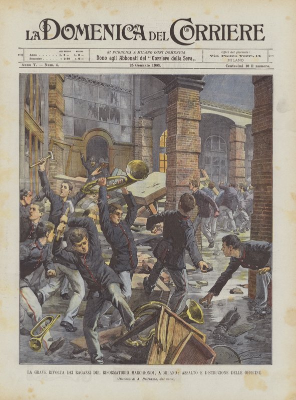 La grave révolte des garçons du réformatoire Marchiondi, à Milan, assaut et destruction des ateliers - Achille Beltrame