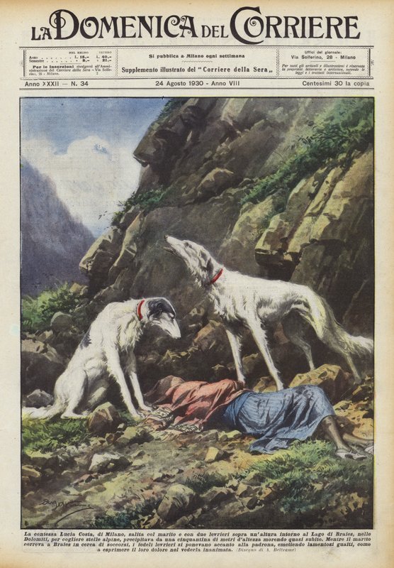 La comtesse Lucia Costa, de Milan, montée avec son mari et deux lévriers sur une hauteur autour - Achille Beltrame