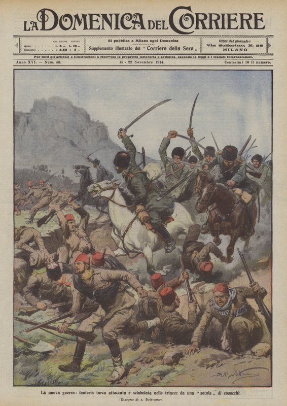 Nouvelle guerre, infanterie turque attaquée et sabrée dans les tranchées par une sotnia de cosaques - Achille Beltrame