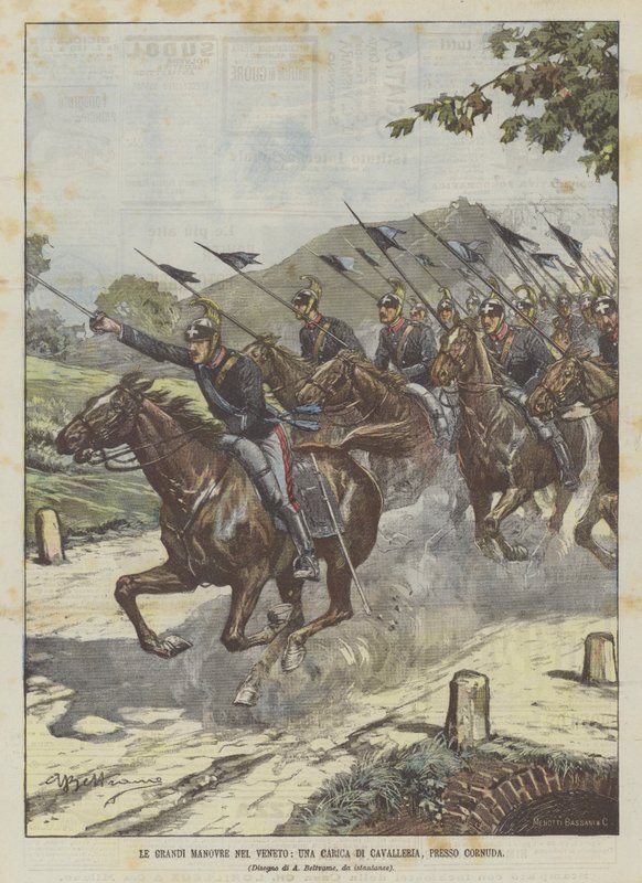 Les grandes manœuvres en Vénétie, une charge de cavalerie, près de Cornuda - Achille Beltrame