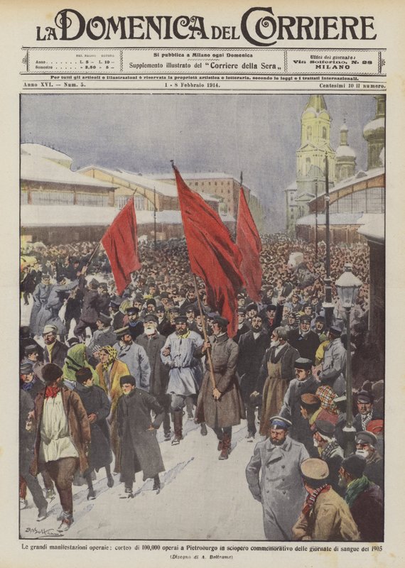 Les grandes manifestations ouvrières, cortège de 100 000 ouvriers en grève commémorative à Saint-Pétersbourg - Achille Beltrame