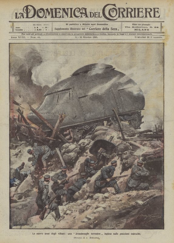 Les nouvelles armes des Alliés, un dreadnought terrestre anglais sur les positions allemandes - Achille Beltrame