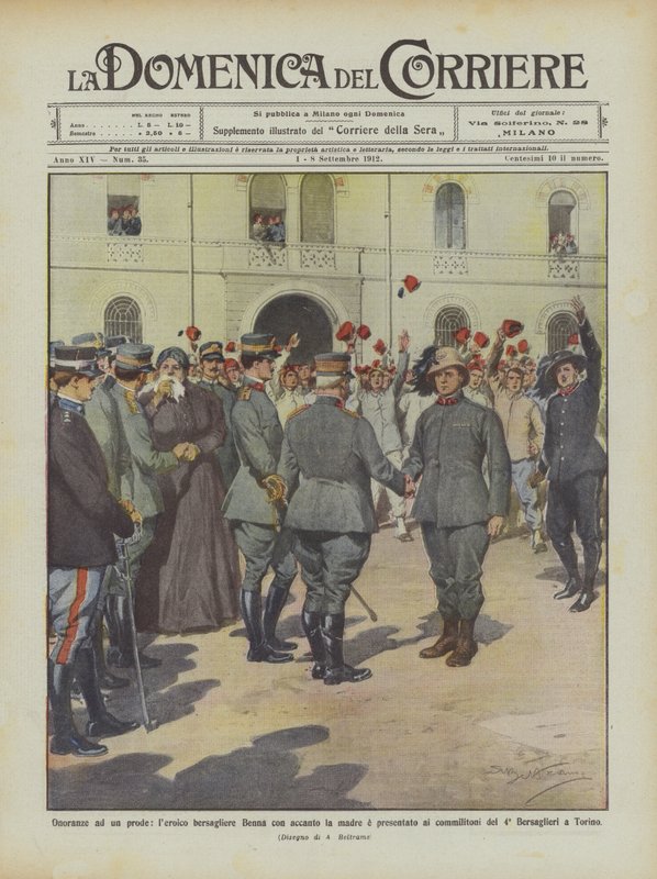 Hommages à un brave, le héros bersaglier Benna avec sa mère présenté aux camarades... - Achille Beltrame