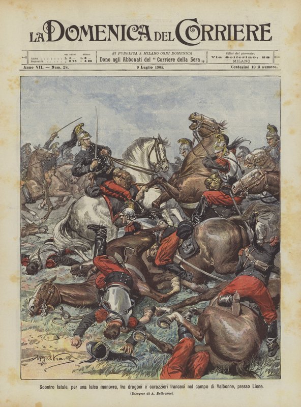 Collision fatale, due à une fausse manœuvre, entre dragons et cuirassiers français dans le camp de Valbonne, près de Lyon - Achille Beltrame