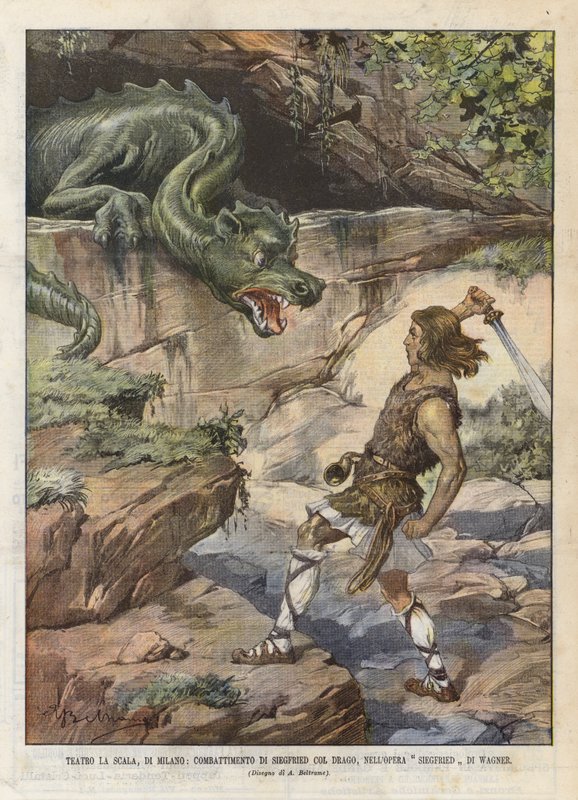 Théâtre La Scala, de Milan, combat de Siegfried avec le dragon, dans l