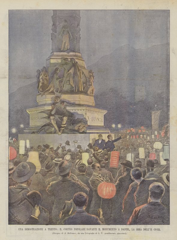 Une manifestation à Trente, le cortège populaire devant le monument à Dante, le soir du 11 courant - Achille Beltrame