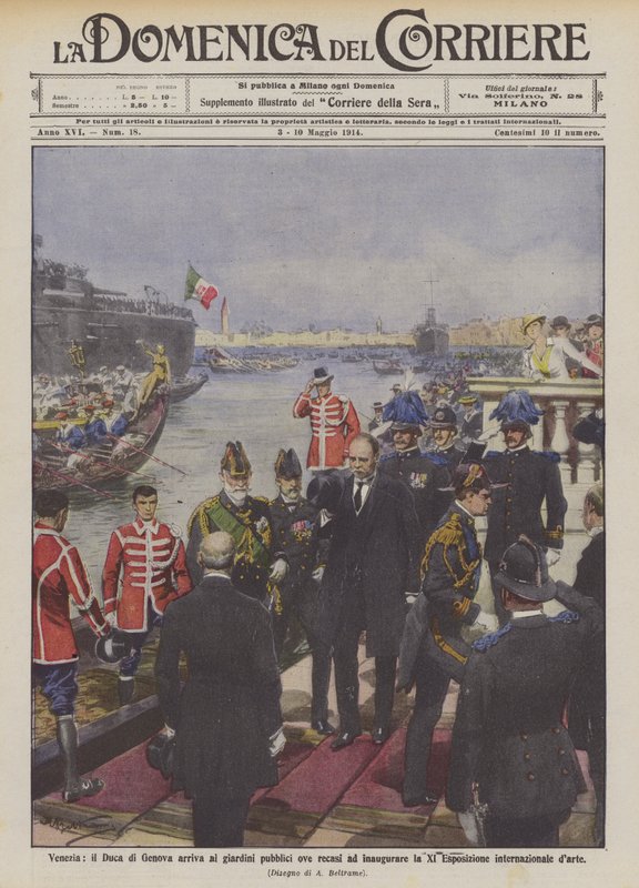 Venise, le duc de Gênes arrive aux jardins publics pour inaugurer la XIe Exposition - Achille Beltrame