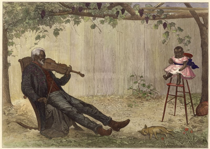 Vieil homme noir jouant du violon à un bébé (gravure en couleur) - Alfred Edward (after) Emslie