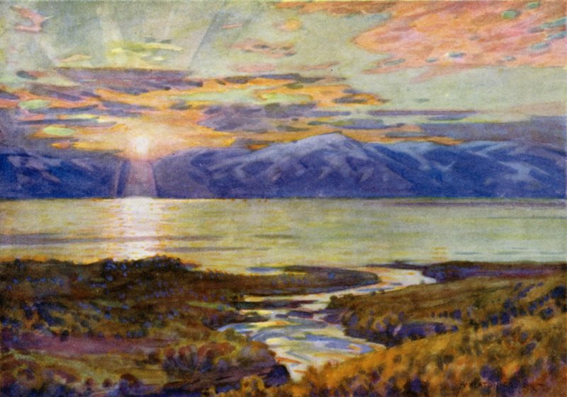 Soleil de minuit sur le lac Torne Trask, depuis Abisko - Alfred Heaton Cooper
