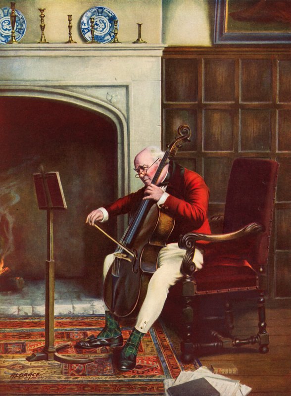 Un passage difficile - homme pratiquant le violoncelle devant le feu - Alfred Lyndon Grace