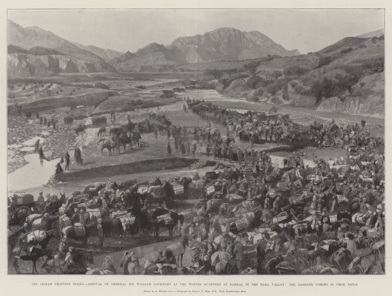 Le soulèvement de la frontière indienne, arrivée du général Sir William Lockhart aux quartiers d