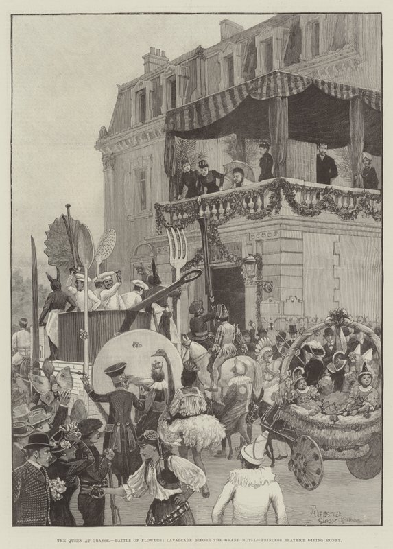 La Reine à Grasse, Bataille des Fleurs, Cavalcade devant le Grand Hôtel, la Princesse Béatrice donnant de l