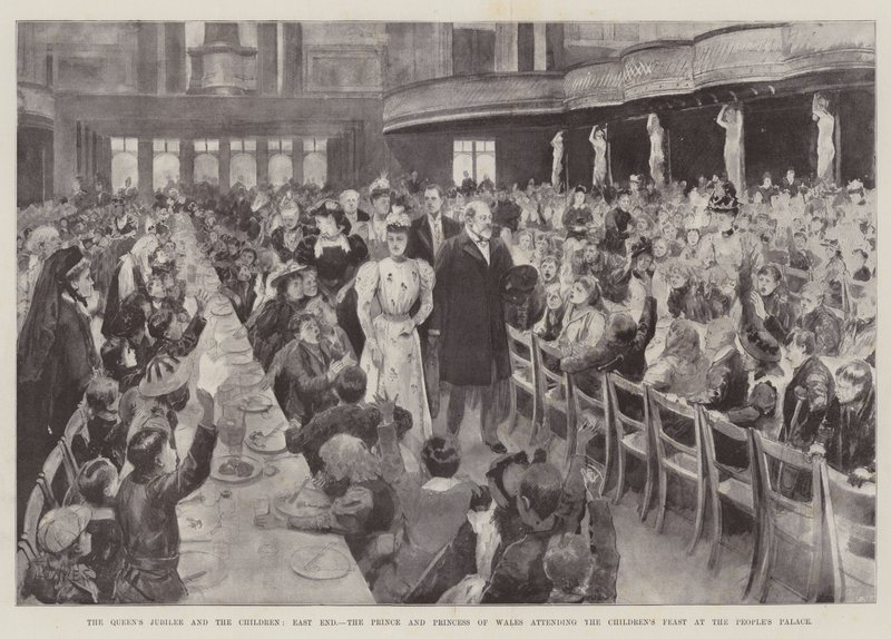 Le jubilé de la reine et les enfants, East End, le prince et la princesse de Galles assistant au festin des enfants au People