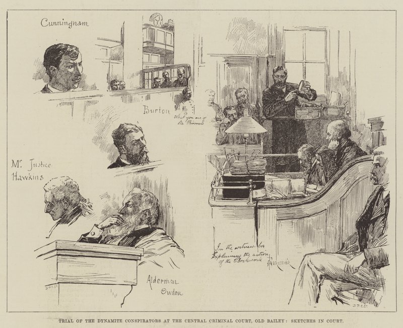 Procès des conspirateurs à la dynamite à la Cour criminelle centrale, Old Bailey, croquis au tribunal - Amedee Forestier