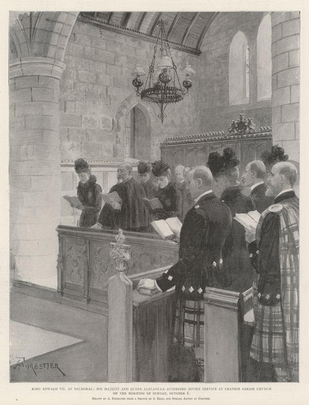 Le roi Édouard VII à Balmoral, Sa Majesté et la reine Alexandra assistant au service divin à l