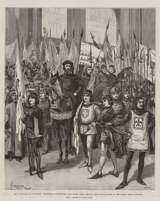 Les Fêtes à Florence, Procession Historique, le Conte Verde rencontrant le Gonfalonier sur la Piazza della Signoria - Amedee Forestier