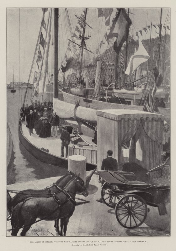 La reine à Cimiez, visite de Sa Majesté au yacht Britannia du prince de Galles dans le port de Nice - Amedee Forestier