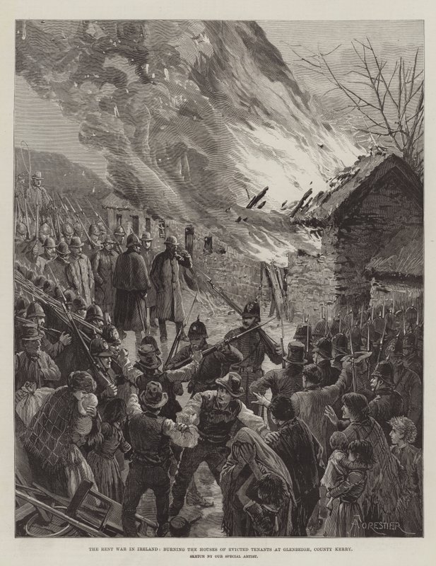 La guerre des loyers en Irlande, incendie des maisons des locataires expulsés à Glenbeigh, comté de Kerry - Amedee Forestier