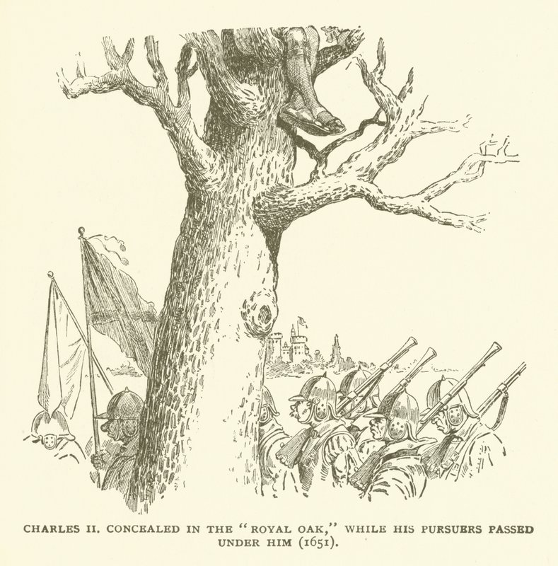 Charles II caché dans le chêne royal, tandis que ses poursuivants passaient sous lui (1651) - American School