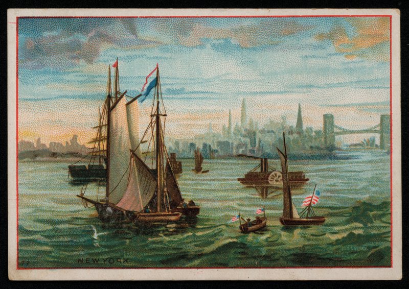 Bateaux dans le port de New York, carte de vœux (chromolithographie) - American School