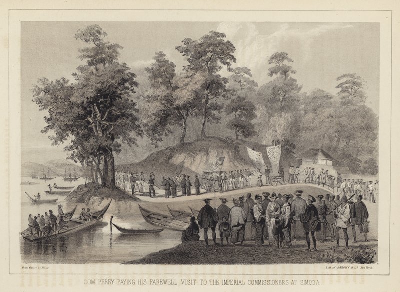 Le commodore Perry faisant ses adieux aux commissaires impériaux à Simoda, Japon - American School