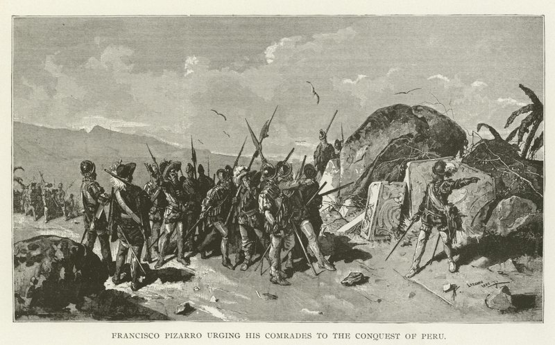 Francisco Pizarro exhortant ses camarades à la conquête du Pérou - American School