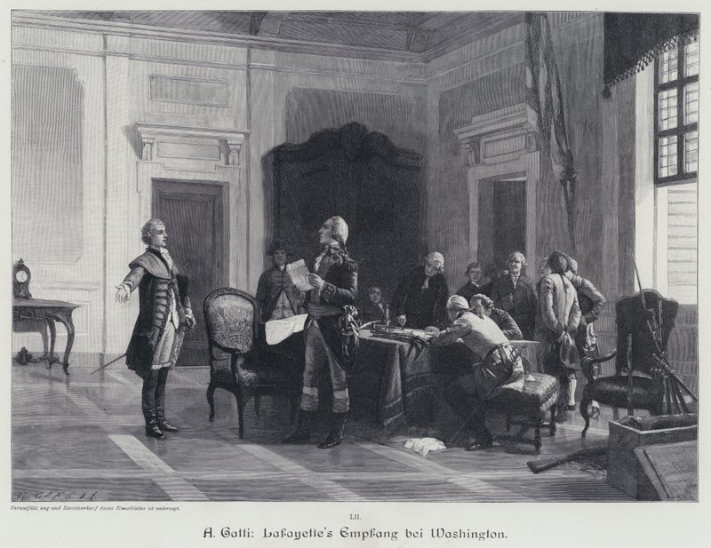 George Washington accueillant le marquis de Lafayette (gravure) - American School