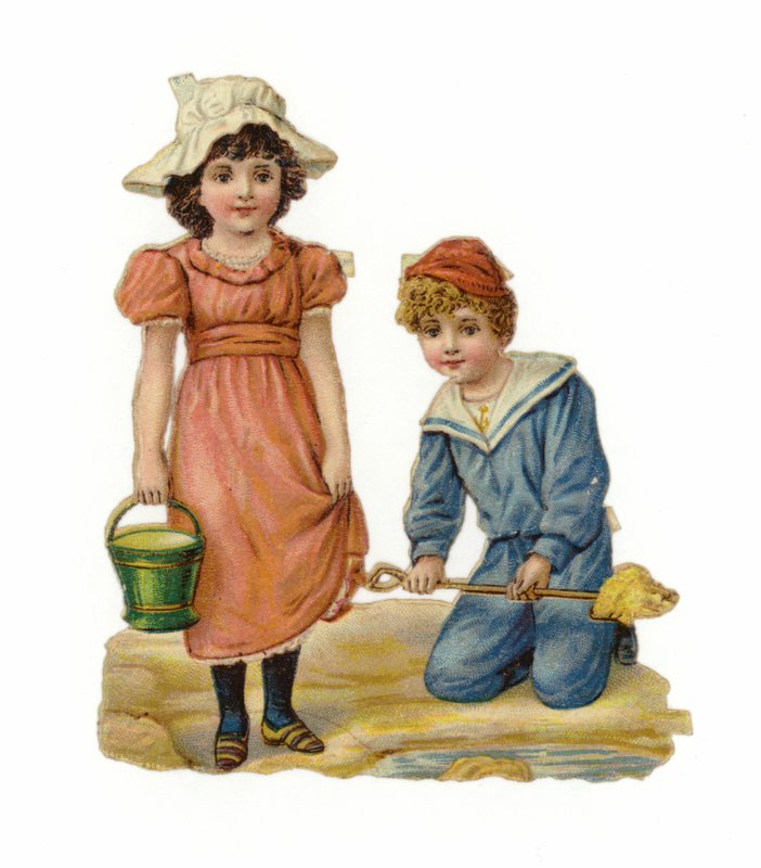 Fille et garçon construisant des châteaux de sable - American School
