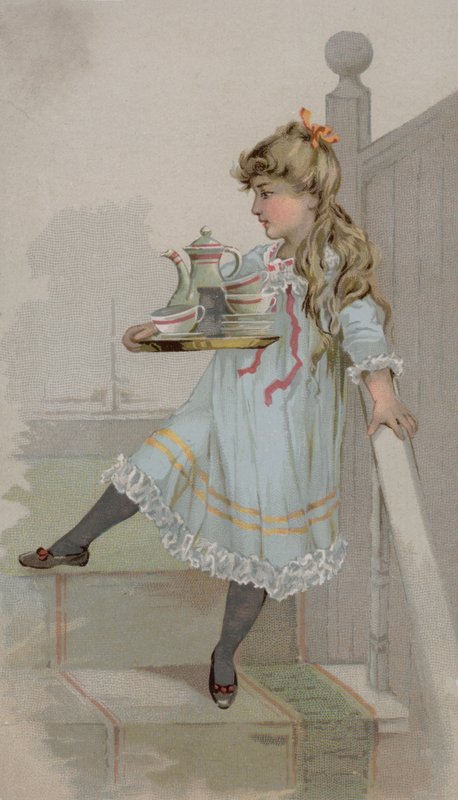 Fille portant une cafetière sur un plateau - American School
